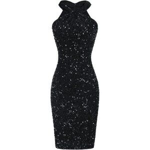 Womens Sequin Dress Sleeveless Sparkly Glitter Halter Black